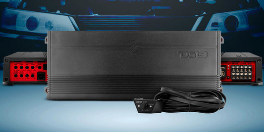 DS18 car audio amplifiers and a bass control in an official brand photograph