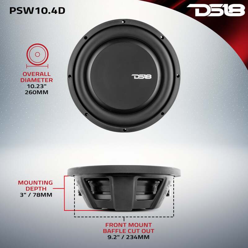 DS18 10in 500 Watts RMS 4 ohm DVC Shallow Mount Water Resistant Subwoofer