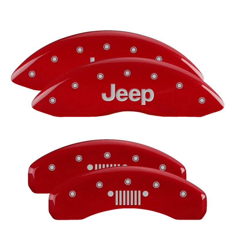 MGP 4 Caliper Covers Engraved Front JEEP Engraved Rear JEEP Grill Logo Red Finish Silver Characters