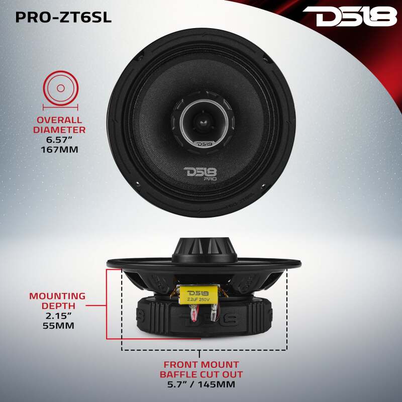 DS18 PRO-ZT6SL 6.5in 200 Watts RMS 4 ohm Mid-Range Water Resistant Cone Shallow Loudspeaker