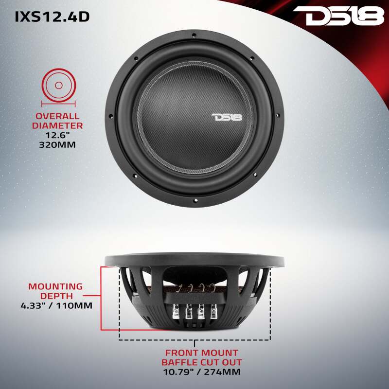 DS18 12in 800 Watts RMS 4 ohm DVC Shallow Mount Fiber Glass Subwoofer IXS Series