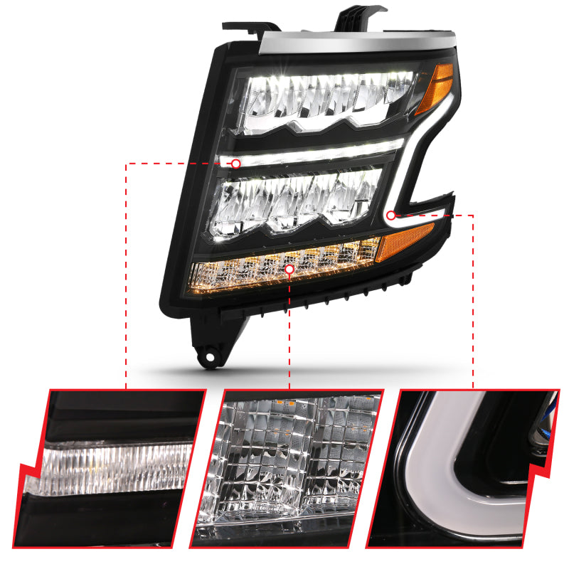ANZO 15-20 Chevy Tahoe/Suburban LED Light Bar Style Headlights Black w/Sequential w/DRL w/Amber