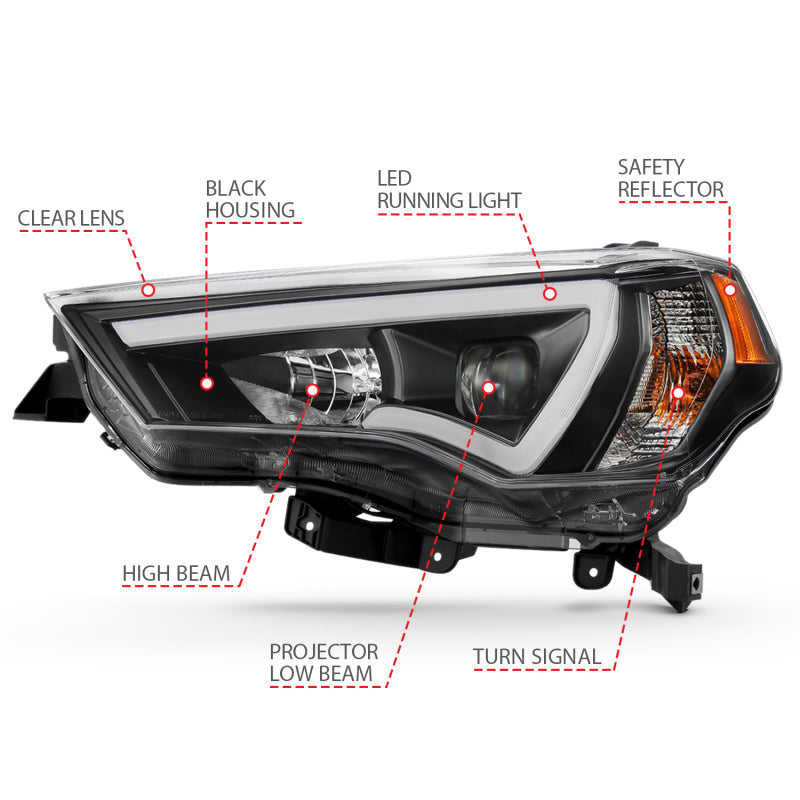 ANZO 14-18 Toyota 4 Runner Plank Style Projector Headlights Black w/ Amber